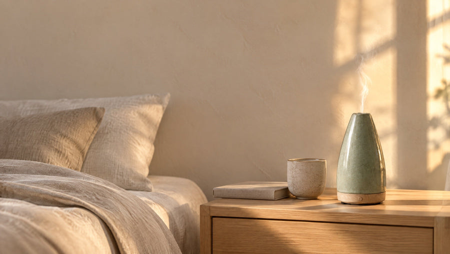 Ondra diffuser misting on a bedside table